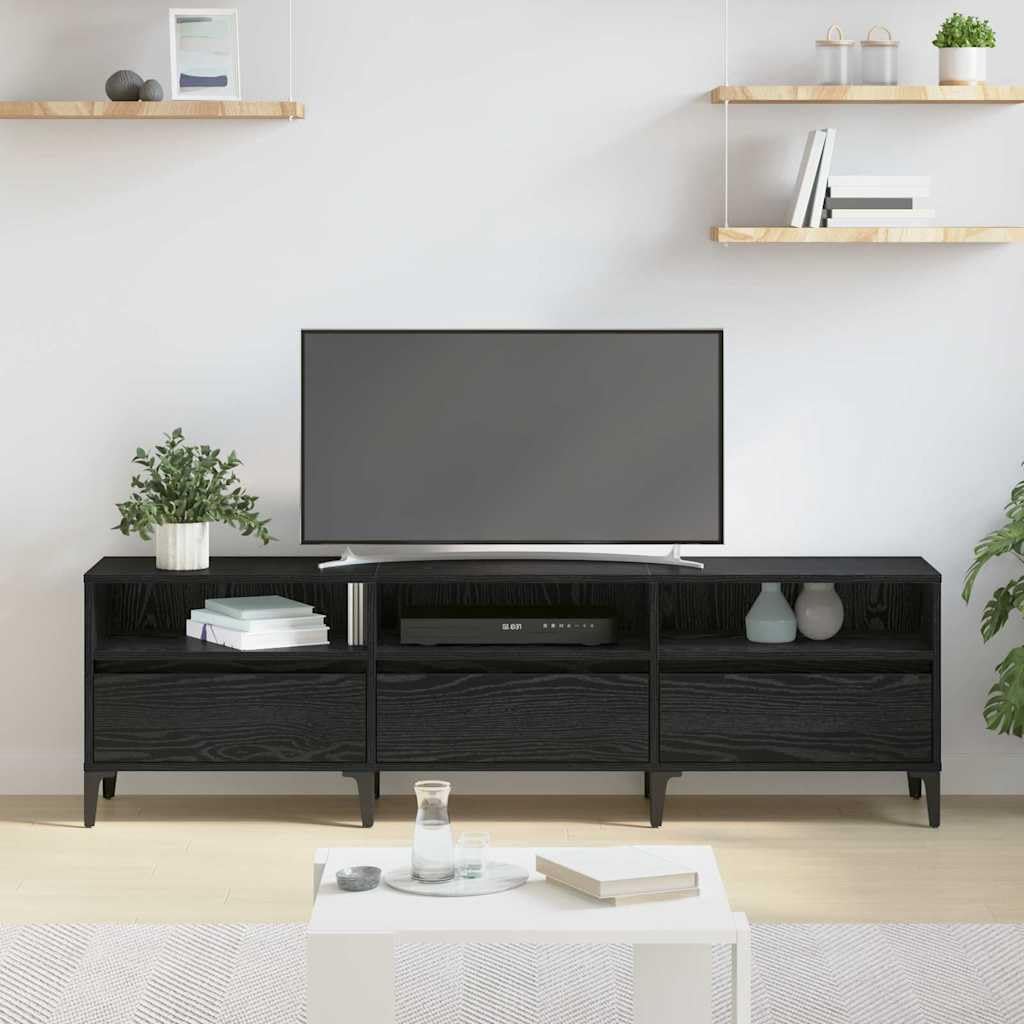 Mobile TV con cassetti, effetto rovere nero, 150 x 30 x 45 cm, in legno, gambe in ferro, design moderno