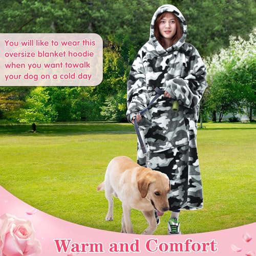 Image of Waitu Wearable Blanket Sweatshirt Gifts for Women and Men, Warm and Cozy Giant Blanket Hoodie, Thick Flannel Blanket with Sleeves and Giant Pocket - Camo