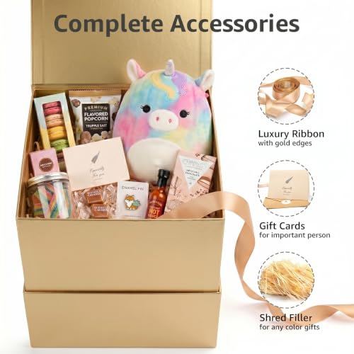 Image of LIFELUM Gold Square Gift Box with Magnetic Closure 8.6 x 8.6 x 8.6 inch, 1 Pack Luxury Gift Box Includes Ribbon, Card, Shredded Paper Filler for Graduation, Birthday, Wedding Gifts