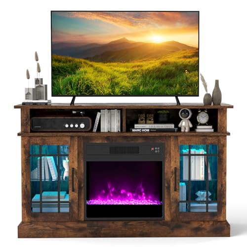 COSTWAY Electric Fireplace TV Stand for TVs Up to 55 Inches with LED Lights, 1400W Fireplace Insert with Remote, 48-Inch Wooden Media Entertainment Center with Adjustable Shelves, Rustic Brown