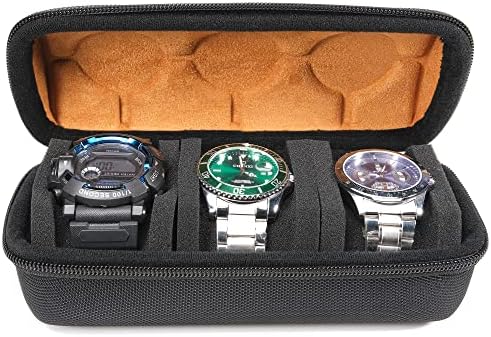 AUKURA 3 Slots Hard Watch Travel Case, Zipper watch roll Storage Organizer box for Men and Women, with anti-move pillow fit small and large watches(Microfiber lining)