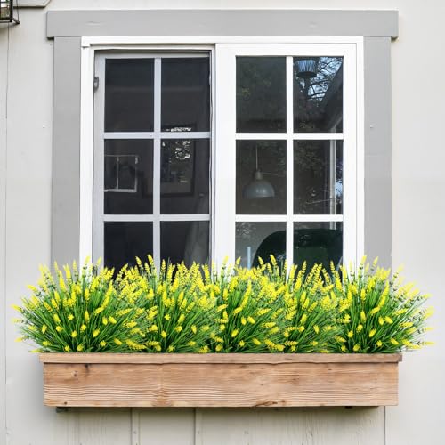 Image of Bassion 24 Bundles Fake Lavender Artificial Flowers for Outdoors, Yellow | UV resistant, plastic lavender with monkey grass, faux plants, home porch garden window box outdoor indoor decorations