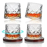 LOVWISH Whiskey glasses, set of 4 rocks glasses,with 4 Rotatable coasters -12 Oz old fashioned glass