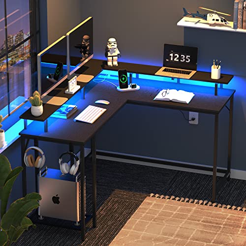 Superjare L Shaped Gaming Desk With Power Outlets & Led Lights, Computer Desk With Monitor Stand & Storage Shelf, Home Office Desk Corner Desk With Hooks, Black #TOP1