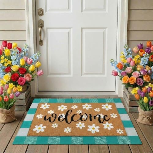 Drydiet 2 Pcs Spring Layered Coir Doormat Set Daisy Welcome