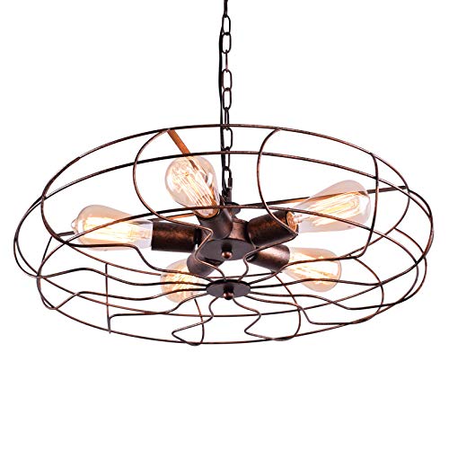 80% Off Discount OYIPRO Vintage Industrial Retro Ceiling Chandelier Light, 5 Light Semi Flush Mount Oil Rubbed Bronze Hanging Light Fixtures Fan Cage Style Rustic Pendant