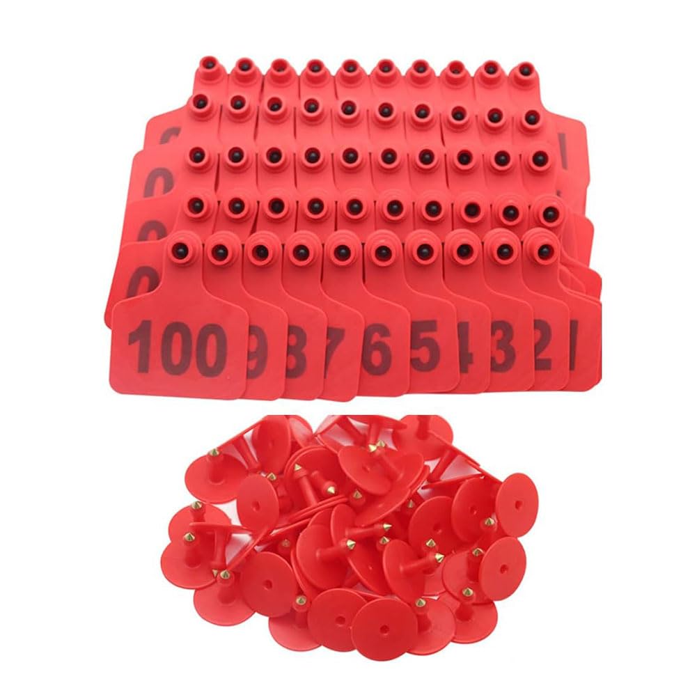 Plastikowe nauszniki dla zwierząt gospodarskich, kozy, świnie, wielokolorowe, wiele rozmiarów, opakowanie 100 szt. (czerwony 6 x 7,5 cm (2,36 x 2,95 cala), 001-100)