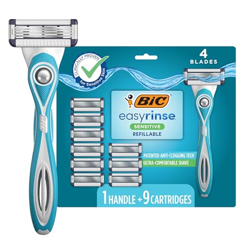 BIC EasyRinse Sensitive Anti-Clogging, Refillable Men's Razors With 4 Blades, 1 Handle and 9 Refill Razor Cartridges Razor Kit