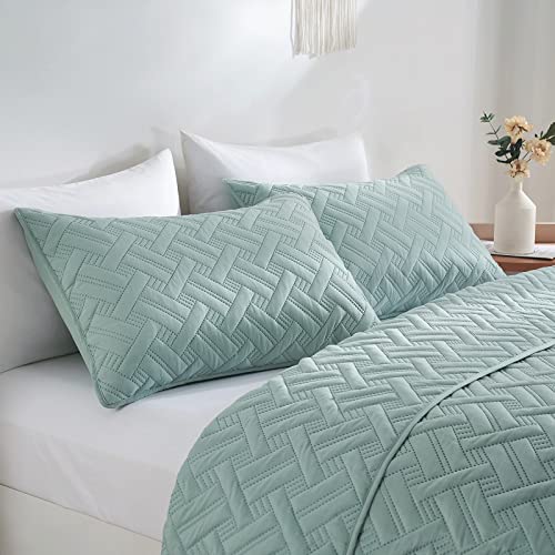 Beeweed Quilt Set King Size 3 Pieces, Lightweight Microfiber Basket Pattern Bedspreads For All Season, Mint Green Soft Summer Coverlet Set With Ultrasonic Quilting Technology (1 Quilt, 2 Pillow Shams) #TOP3