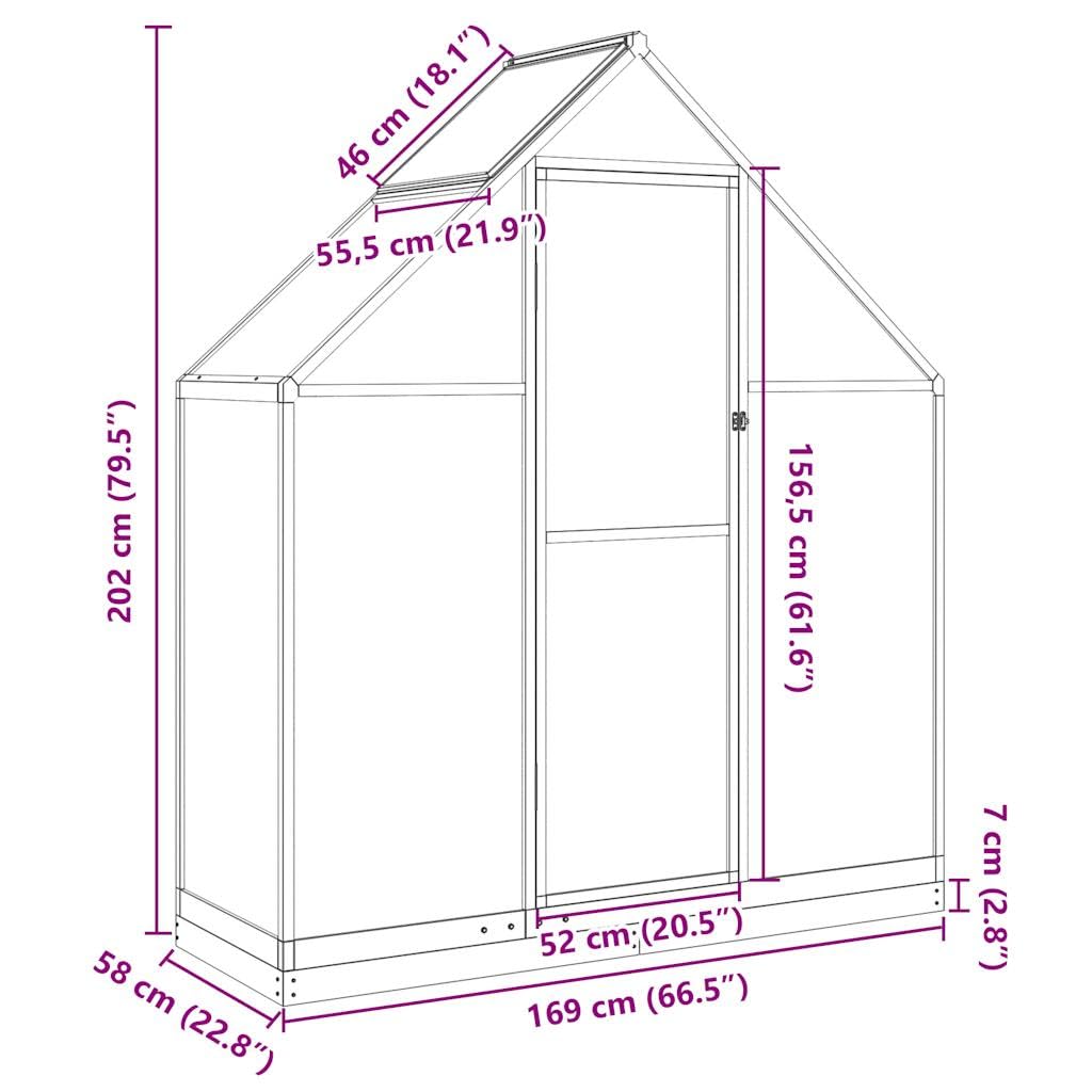 Gewächshaus mit Fundamentrahmen Anthrazit 169x58x202 cm Aluminium Polycarbonat für Hobby-Gartenbau, Tomatenhaus, Frühbeet, Balkon, Terrasse, Pflanzenpflege und Überwinterung