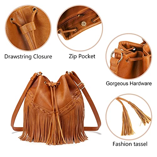 Leather Bucket Bags For Women Crossbody Purses With Drawstring Ladies Tassel Hobo And Shoulder Handbags Brown #TOP4