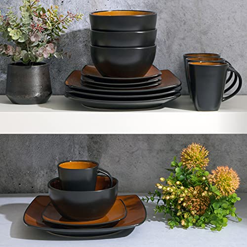 Gibson Soho Lounge Square Reactive Glaze Stoneware Dinnerware Set, Service For 4 (16Pc), Amber #TOP6
