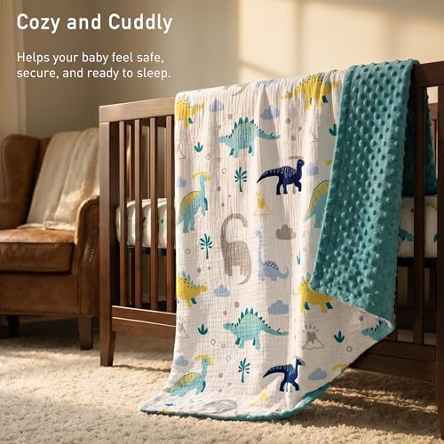 Image of GLLQUEN BABY Blankets for Boys, Soft Muslin Cotton Front Dotted Fleece Backing, Nursery Minky Crib Blanket for Infant Toddler, 30 x 40 inches Throw Blanket, Dinosaur