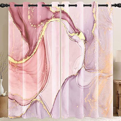 MIRRORANG Pink Marble Blackout Curtains, Gold Ink Print Pattern Eyelet Blackout Room Darkening Window Drapes,Thermal Insulated Room Curtains for Living Room, 2 Panels Set(55x90inch)
