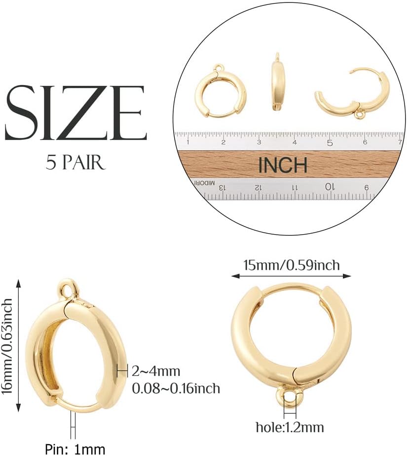 Fashewelry 10Pcs 18K Gold Plated Huggie Hoop Earrings 16x15mm Chunky Brass Leverback Ear Wires with Hang Loop Piercing Circle Ring Clip Stud Earring Hook for Dangle Earring Making