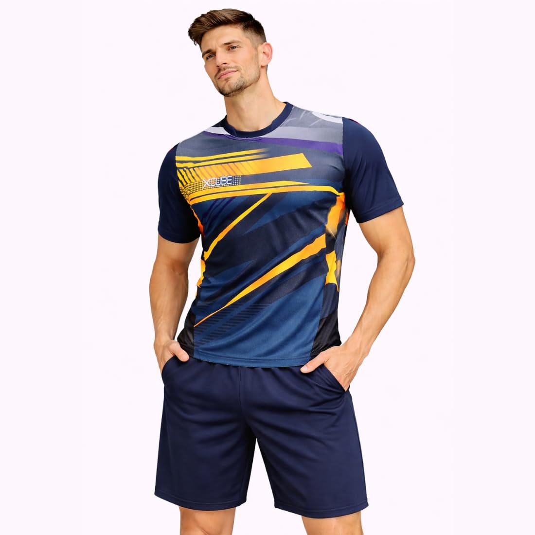 Men's Sports Jersey Set with Shorts, Navy Blue with Orange Design, Sublimation Print, Athletic Wear-image-46