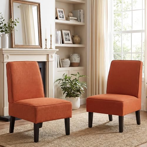 ALISH Accent Chairs Set of 2 Upholstered Living Room Chairs Armless Side Chairs Bedroom Chairs with Curved Backrest and Wooden Legs Orange