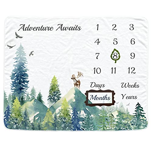 Image of Vlokup Baby Monthly Milestone Blanket for Boys & Girls, Baby Month Blanket, Soft Flannel Photography Background Prop Blankets, Mountain…