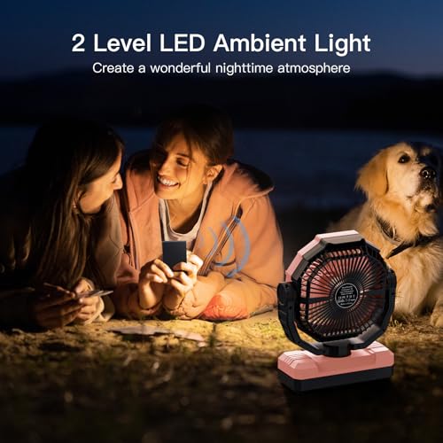 Image of FRIZCOL 3-in-1 Camping Fan - Portable Fans Rechargeable - 24000mAh Battery Powered Fan with Light for Indoor, Outdoor, Tent, Travel, Fishing, Jobsite, Gifts for Men Dad Him - Pink