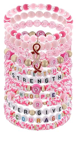 Cooluckday 12pcs Breast Cancer Awareness Bracelets Breast Pink Breast Cancer Bracelet Gifts Hope Faith Strength Courage Accessories Pink Ribbon Bracelets for Women