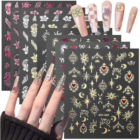 ​​CESUSME 8 Sheets Flower Star Nail Art Stickers, 4 Colors Flowers Floral Blossom Nail Decals Sticker+Gold&Silver Moon Sun Stars Heart Bow Starlight Glitter Nail Stickers for Women Design Cover