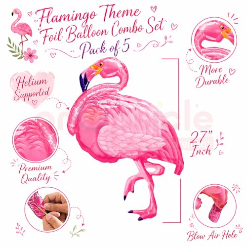 Image of Propsicle Flamingo Theme Foil Balloons Set Pack of 5 Pink Flamingo Heart Balloons Happy Birthday Round Balloon Tropical Decoration for Kids Birthday Pool Beach Theme Setup Supports Helium Air