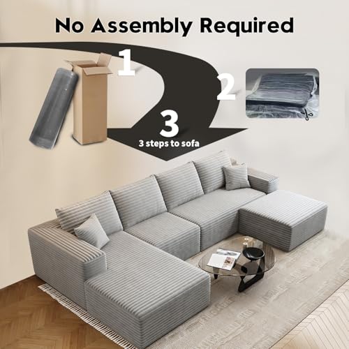 Image of 135.4 inch Cloud Modular Sectional Sofa with 1 Ottoman,Modern Minimalist Upholstered Couches, Comfort U Shaped Sofa for Living Room,Deep Seat Corner Couch,No Assembly Required (Grey,Left Facing Chaise)