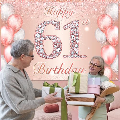 Image of Happy 61st Birthday Rose Gold Banner Cheers to 61 Years Old Backdrop Confetti Balloons Theme Decor for Women 61 Years Old Pink Birthday Party Decorations Bday Supplies Background Favors Gift Glitter
