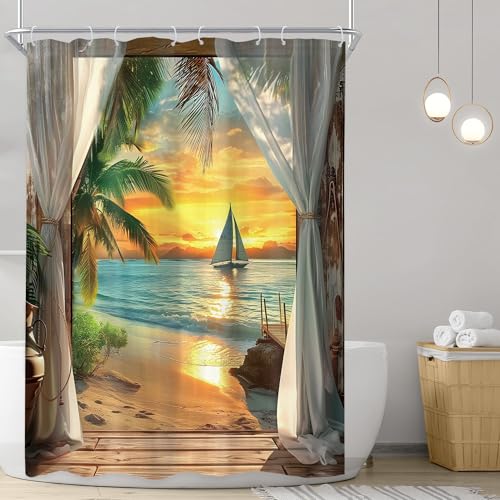 Image of Riyidecor Beach Ocean Sea Shower Curtain 48Wx72H Inch Narrow Summer Beachy Seaside Coastal Hawaiian Sunset Tropical Sunrise Scenery Wooden Girly Bathroom Decor Fabric Polyester Waterproof 8 Pack Hooks