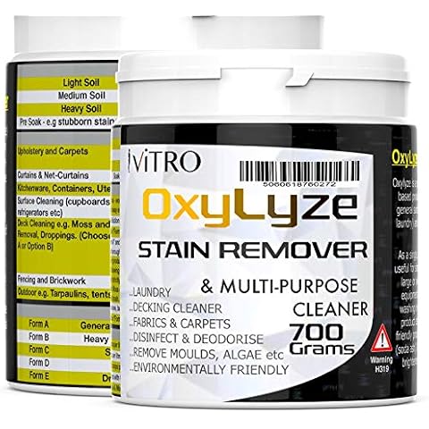 Oxylyze Stain Remover Sodium Percarbonate Oxygen Bleach Stain Remover Decking Cleaner Multiple Use Instructions Included Patio Cleaner Mould and Algae Remover Laundry and General Cleaner 700 Gram Cover