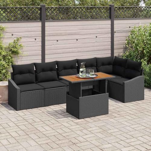 Tonture Conjunto de comedor de jardín con cojines de 7 piezas, color negro y marrón, polirratán, madera de acacia, para terraza, balcón