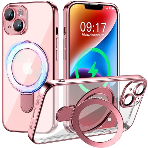 Image of Magnetic for iPhone 14 Case with Invisible Stand[Compatible with MagSafe][Full Camera Lens Protector][Military Drop Protection] Shockproof Not Yellowing Clear Slim Soft for Women Men