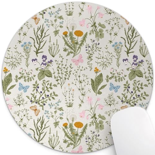 knseva Floral Round Mouse Pad, Vintage Garden Plants Herbs Flowers Botanical Classic Design Circular Mouse Pads