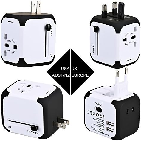 Travel Adapter, AC Adapter Charger All-in-One US UK EU AU Plugs Worldwide Universal Wall Charger with Dual USB Ports(White+Black)