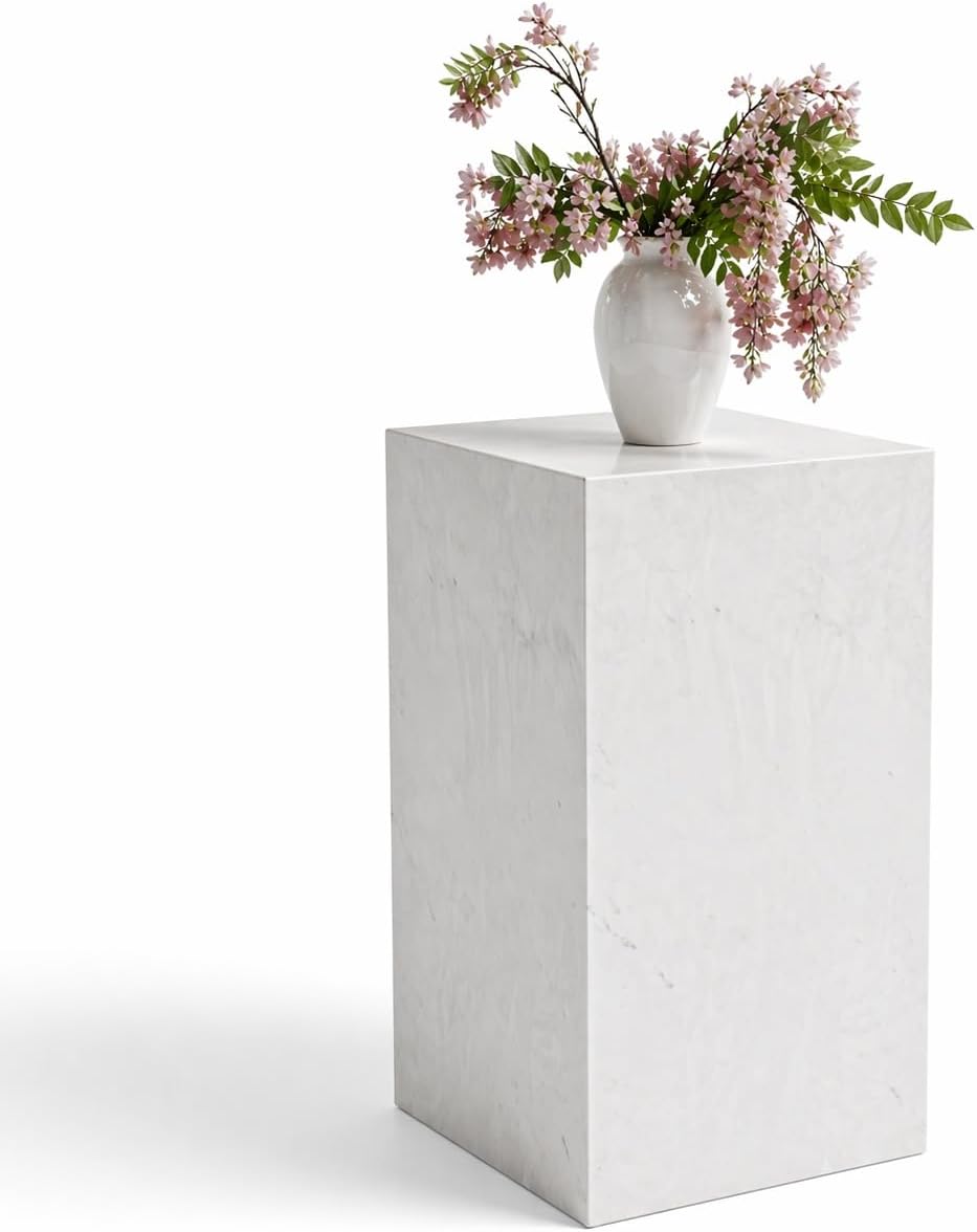 YKAJO Ariston White Marble Pedestal Side Table, 20" H Plant Display Stand