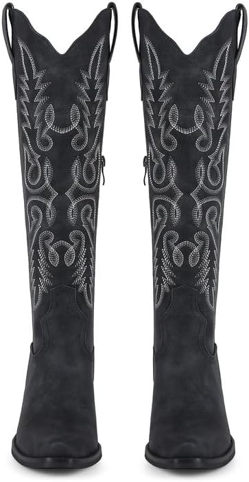 ZJA Cowgirl Knee High Pointed Toe Western Boots Cowboy Boots for Women Chunky Heel Fall Fashion Hand Embroidery