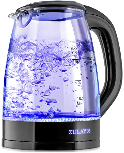 Zulay 1.7L Glass Electric Kettle with Blue LED Light - Borosilicate Glass Hot Water Kettle Electric - Electric Glass Kettle Water Boiler with Auto Shut-Off and Boil-Dry Protection