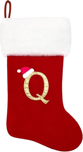 Calcetines de Navidad bordados de 20 pulgadas con monograma, terciopelo rojo con puño de felpa blanca supersuave, adornos clásicos para decoración