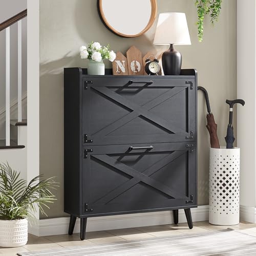 Shoe Storage Cabinet, Farmhouse Shoe Organizer with 2 Flip Drawers & Barn Door Design, Freestanding Hidden Slim Narrow Shoe Rack Cabinet for Entryway, Foyer, Hallway, Black Black 2-Drawers