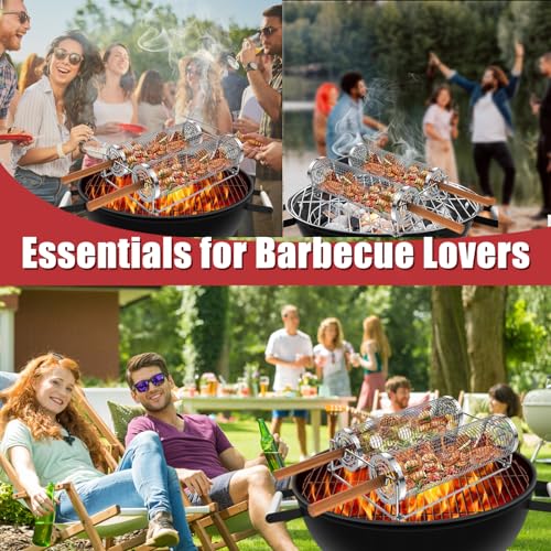 Grill Baskets for Outdoor Grill, Rolling Grill Basket with Removable Wooden Handle & Stand, Stainless Steel Grilling Accessories for Fish, Shrimp, Meat, Vegetables, Fries, Grilling Gifts for Men - Thumbnail 7