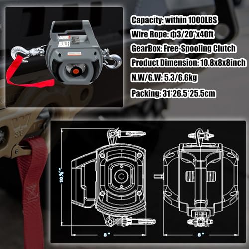 YATOINTO Portable Drill Winch 1000 LB Pulling Capacity with 40 Feet Alloy Steel Wire Rope, Hand Winch for Dragging(Gray)