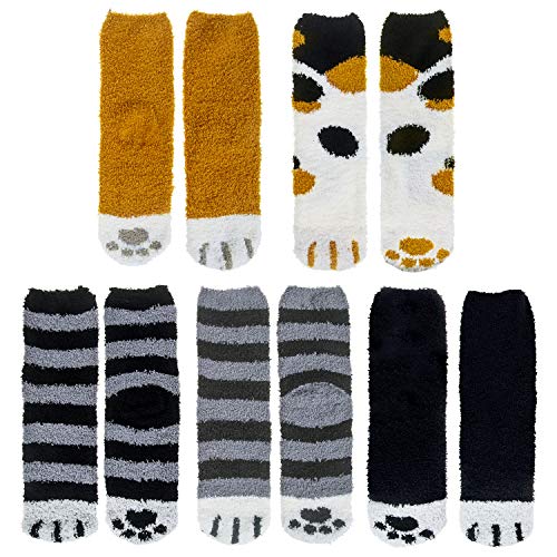 Fuzzy Socks For Women 5 Pairs Winter Warm Fluffy Slipper Socks Soft Cute Cat Animal, B-Grey & Yellow & Black Cat Claw #TOP2