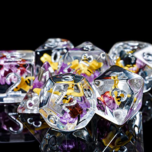 Cusdie 7-Die Dnd Dice, Polyhedral Dice Set Filled With Animal, For Role Playing Game Dungeons And Dragons D&D Dice Mtg Pathfinder (Bee Purple Flower) #TOP4
