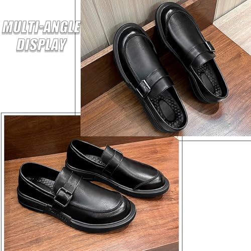 Men's Black Leather Buckle Flat Dress Loafers Comfortable Round Toe Soft Bottom Non-Slip Slip-On Formal Shoes Suitable for Business Work and Leisure4
