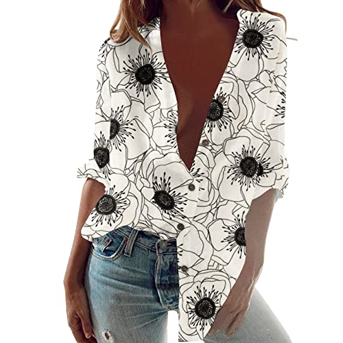 MEIbax Chemisier Femme Chic Élégante Casual Chemises Boutonnées Tunique Hauts à Boutons Mode Blouses Tops Impression T-Shirt à Manches Longues pour Femmes Grande Taille Décontractée Cover