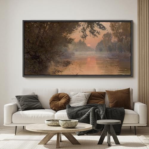 Image of MUDECOR Extra Large Framed Canvas Print Wall Art Serene River Sunset Reflection Soft Nature Landscape Antique Retro Ready to Hang Painting for Living Room Bedroom Multi-Sizes - 60 inchx30 inch