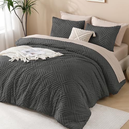 Image of Andency Dark Grey Comforter Set Queen, Gray Lightweight Fluffy Bedding Comforter Sets for Queen Bed, 3 Pieces Tufted Farmhouse Shabby Chic Bed Set for All Seasons (1 Comforter 90x90In, 2 Pillowcases)