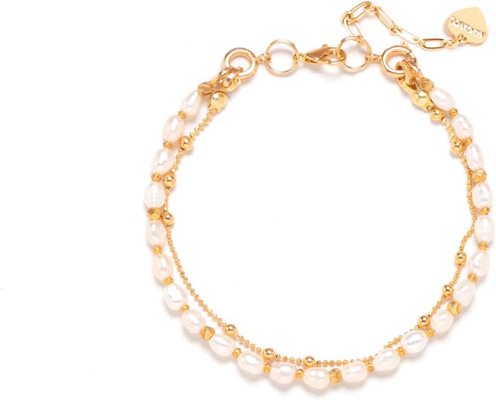 Double Strand Bead and Gold Tone Brass Stacked Birthday Bracelet, 6.75" +2" Extender- Choice of Month and Colors