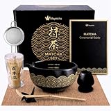 Matcha Kit Completo 8 Piezas Negro y Dorado – Matcha Set Premium con Batidor Bambú Chasen 100 Varillas, Bol con Vertedor y Marcas, Kit Te Matcha para Principiantes con Guía