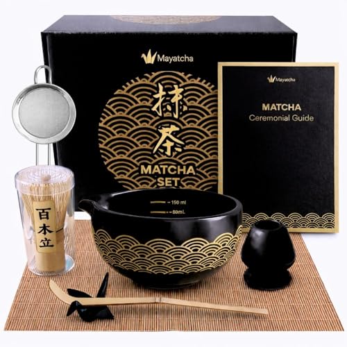 Zestaw do matchy japoński, zestaw miotełki do matchy 8-częściowy – Premium bambusowa miotełka do matchy (Chasen), miseczka do matchy czarno-złota z wylewkiem i oznakami pomiarowymi, sitko, łyżeczka i